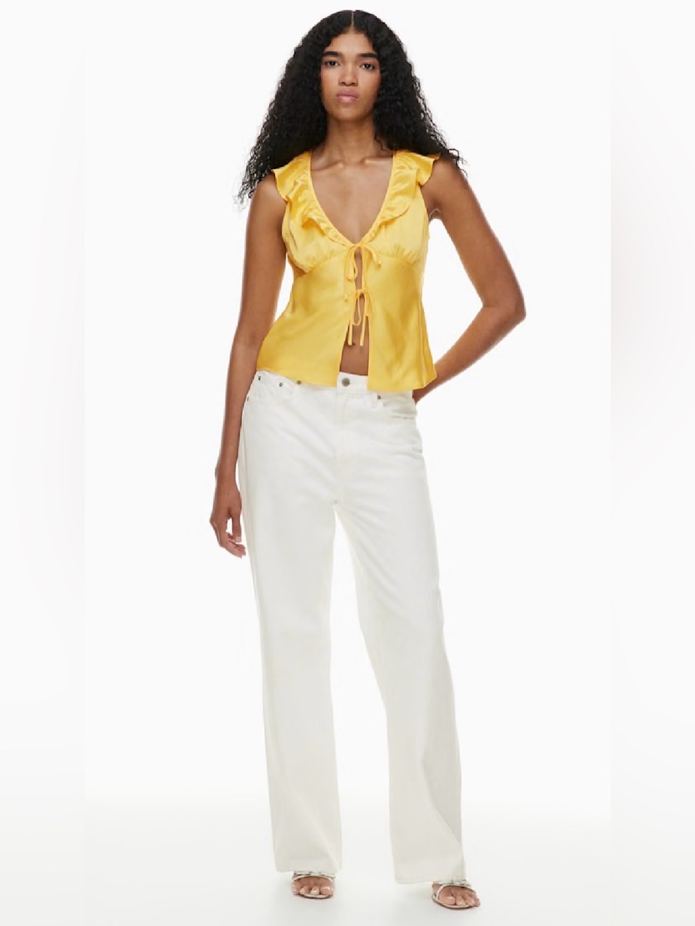 Aritzia Wilfred Tonka Yellow Satin Tie-Front Blouse Shirt Top - Picture 14 of 14